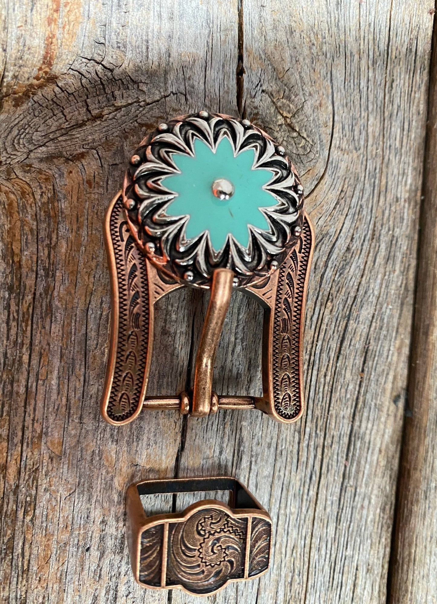 Copper & Antique Silver Turquoise Flower Concho Buckle Adapter W122COBA