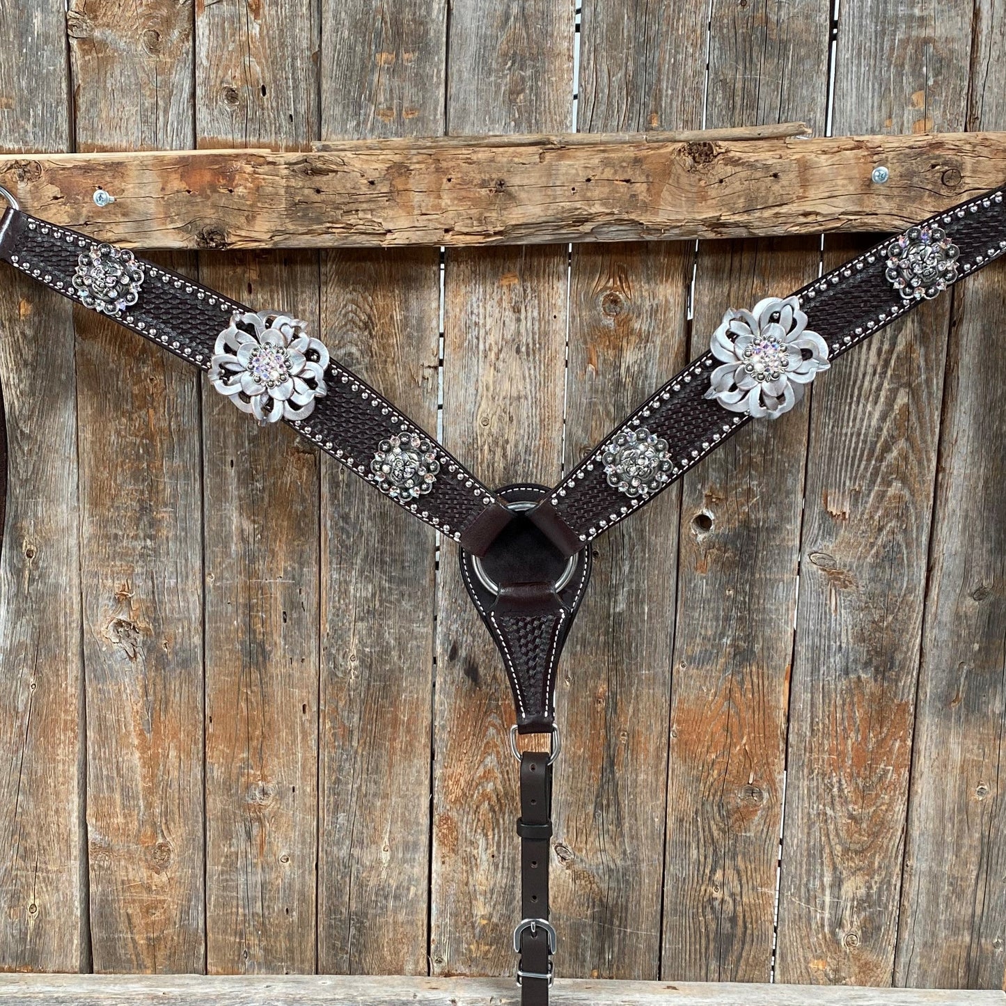 Dark Oil Silver Dot Flowers and Skulls Browband / One Ear Tack Set #BBBC565