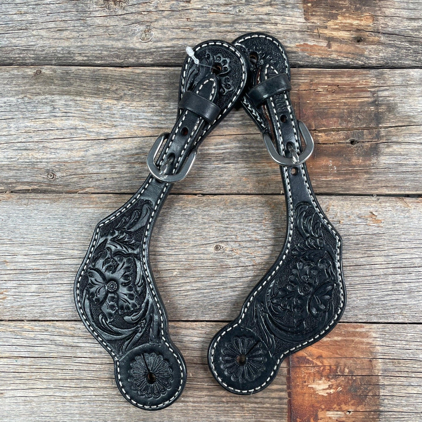 Black Floral Tooled Spur Straps