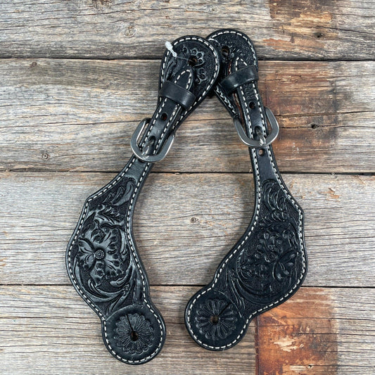 Black Floral Tooled Spur Straps