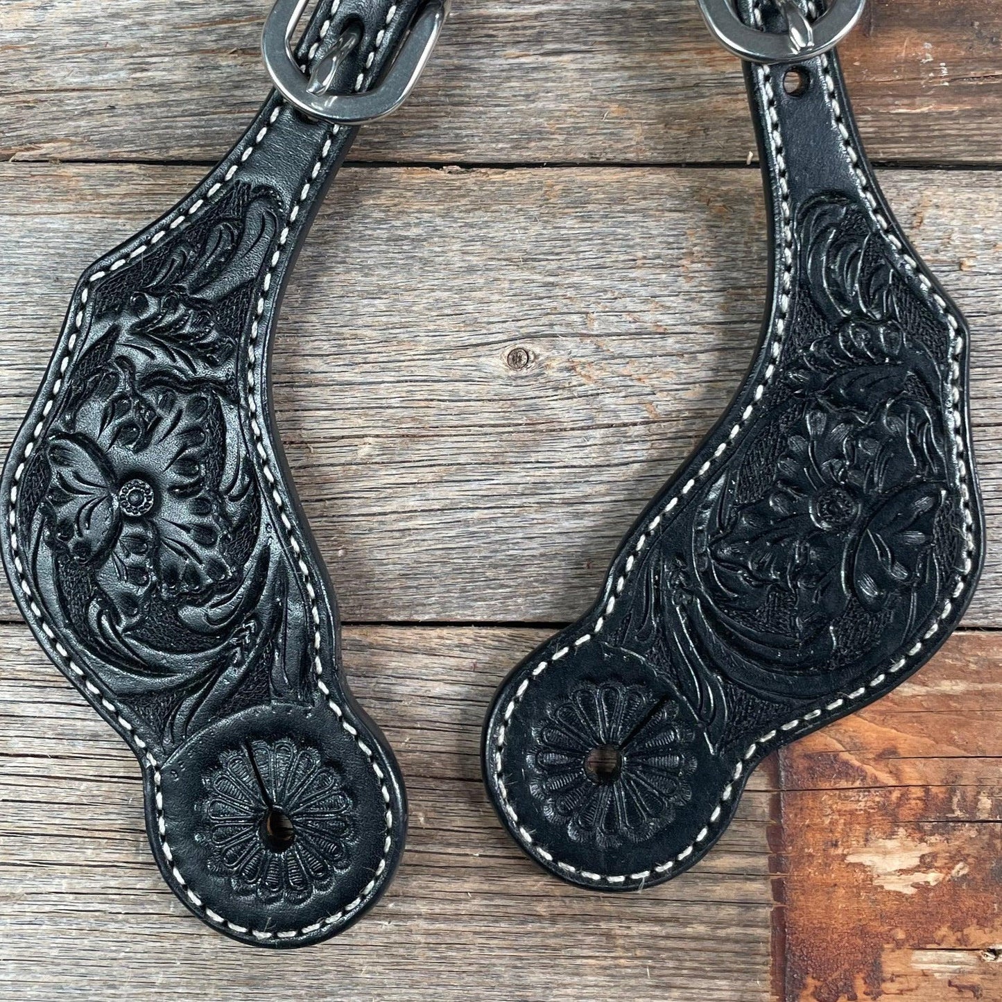 Black Floral Tooled Spur Straps