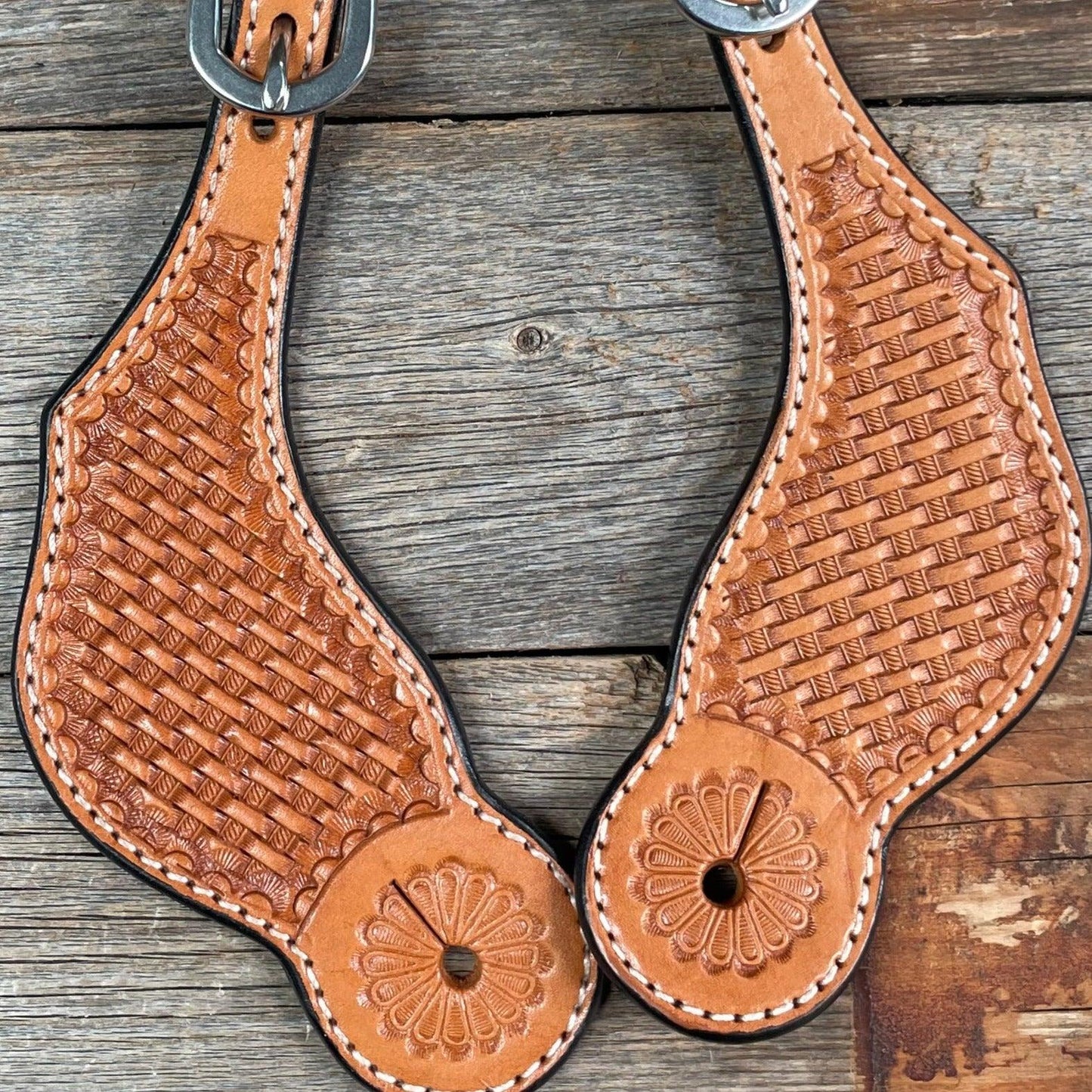 Light Oil Basketweave Tooled Spur Straps
