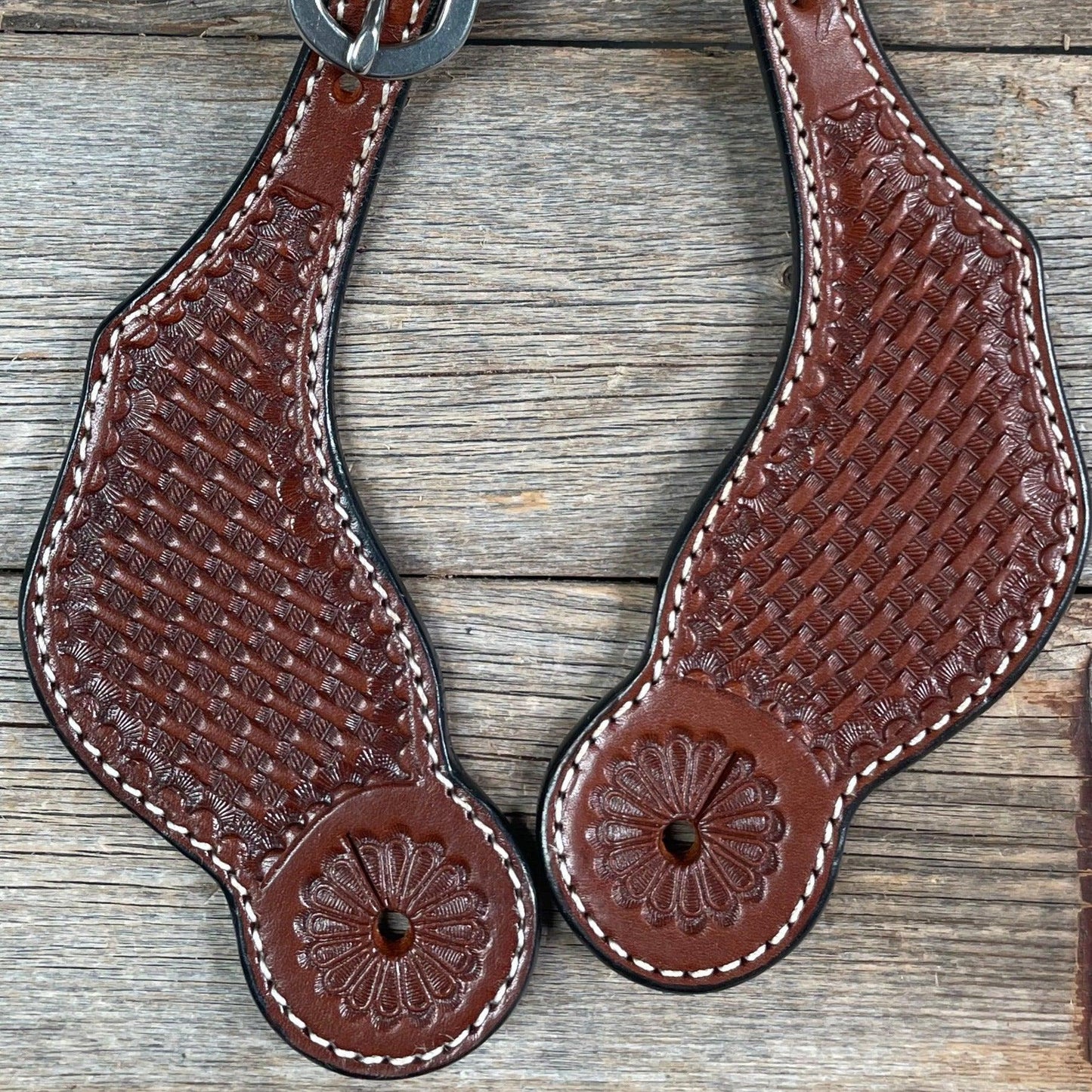 Medium Oil Basketweave Tooled Spur Straps