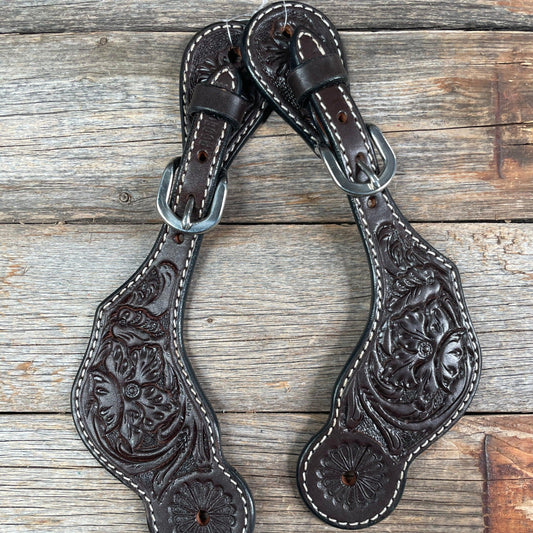Dark Oil Floral Tooled Spur Straps