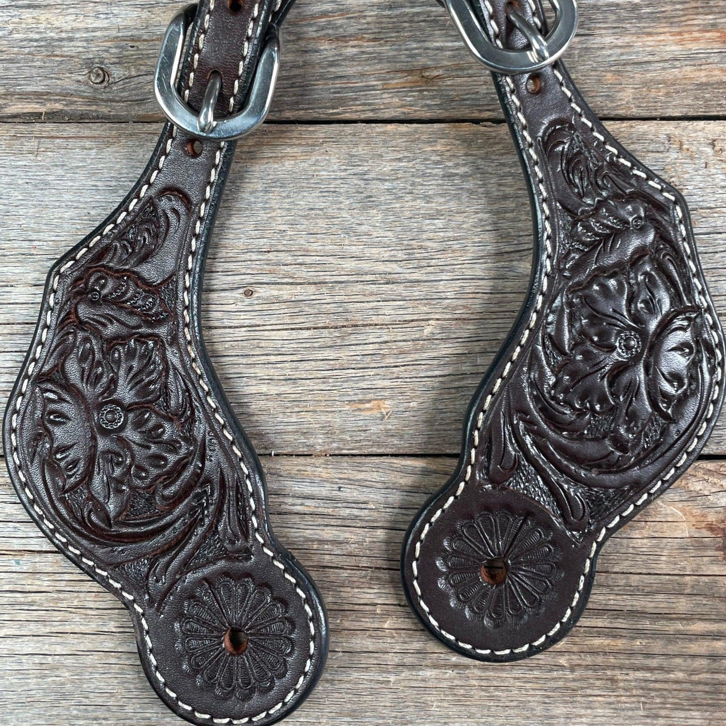 Dark Oil Floral Tooled Spur Straps