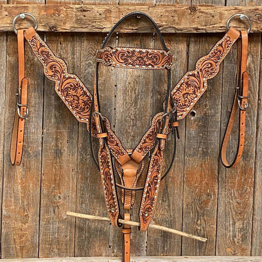 Light Oil Floral Tooled Silver Buckstitching & Dots Tack Sets