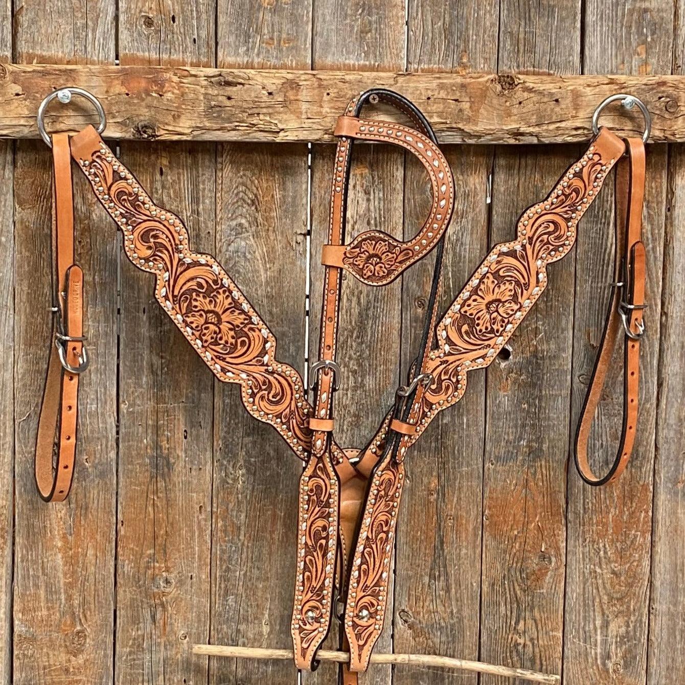 Light Oil Floral Tooled Silver Buckstitching & Dots Tack Sets