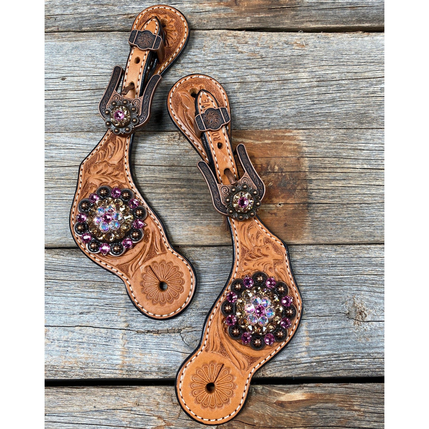 Light Floral Spur Straps - Copper Crystal Conchos #SS109