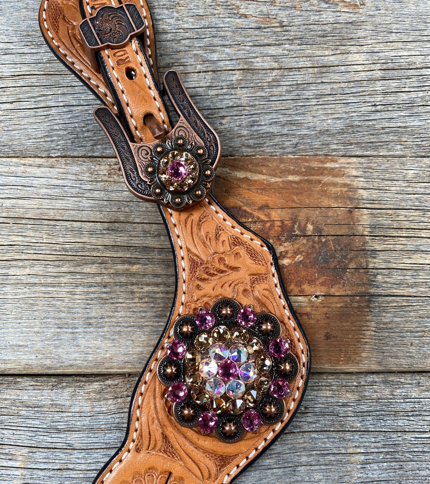 Light Floral Spur Straps - Copper Crystal Conchos #SS109
