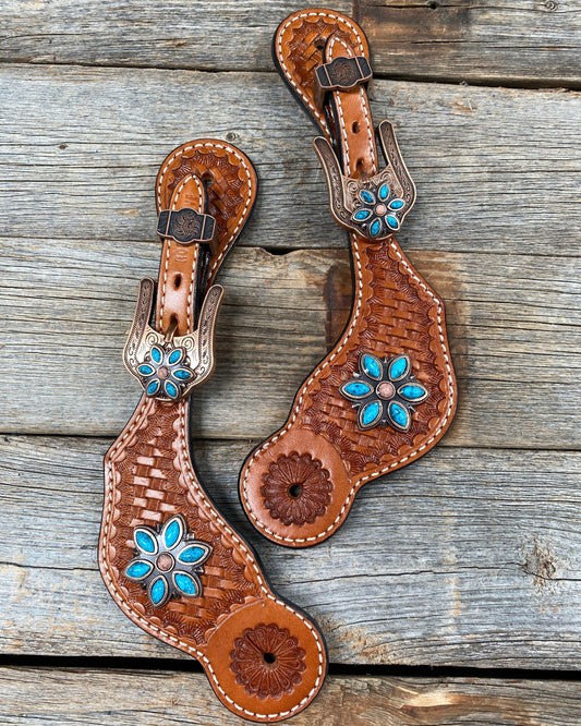 Light Oil Basketweave Spur Straps - Copper Floral Conchos #SS101