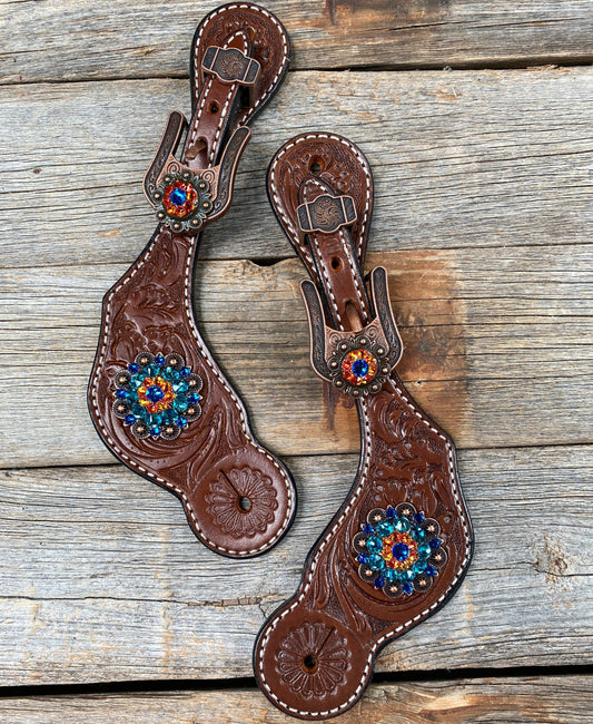 Medium Floral Spur Straps - Copper Crystal Conchos #SS110
