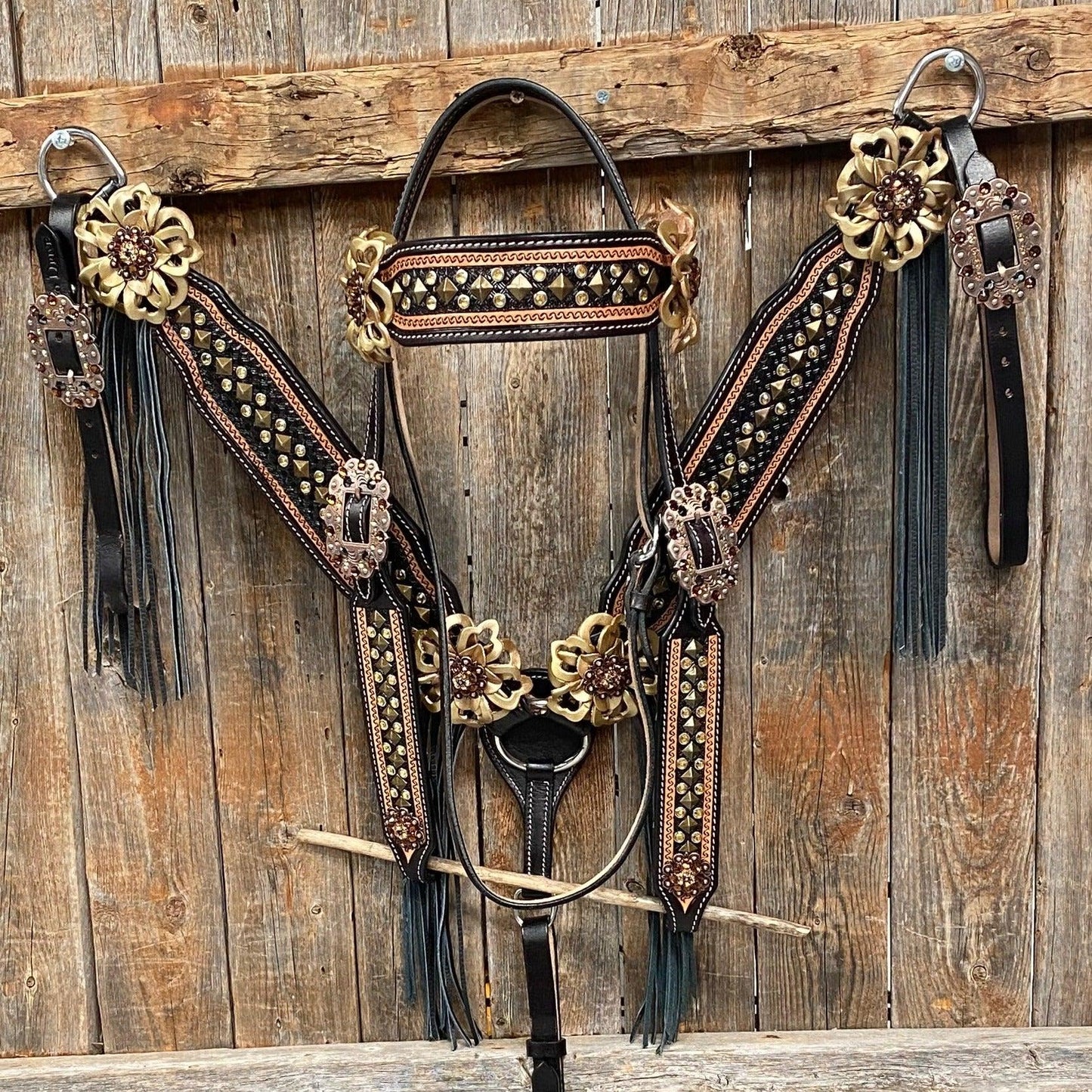 Two Tone Leather - Brass Studded Gold Browband / Breastcollar Tack Set #BBBC538