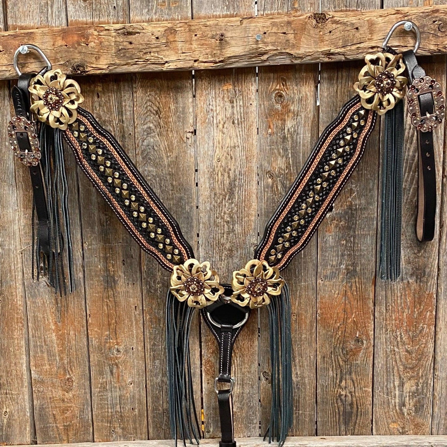 Two Tone Leather - Brass Studded Gold Browband / Breastcollar Tack Set #BBBC538