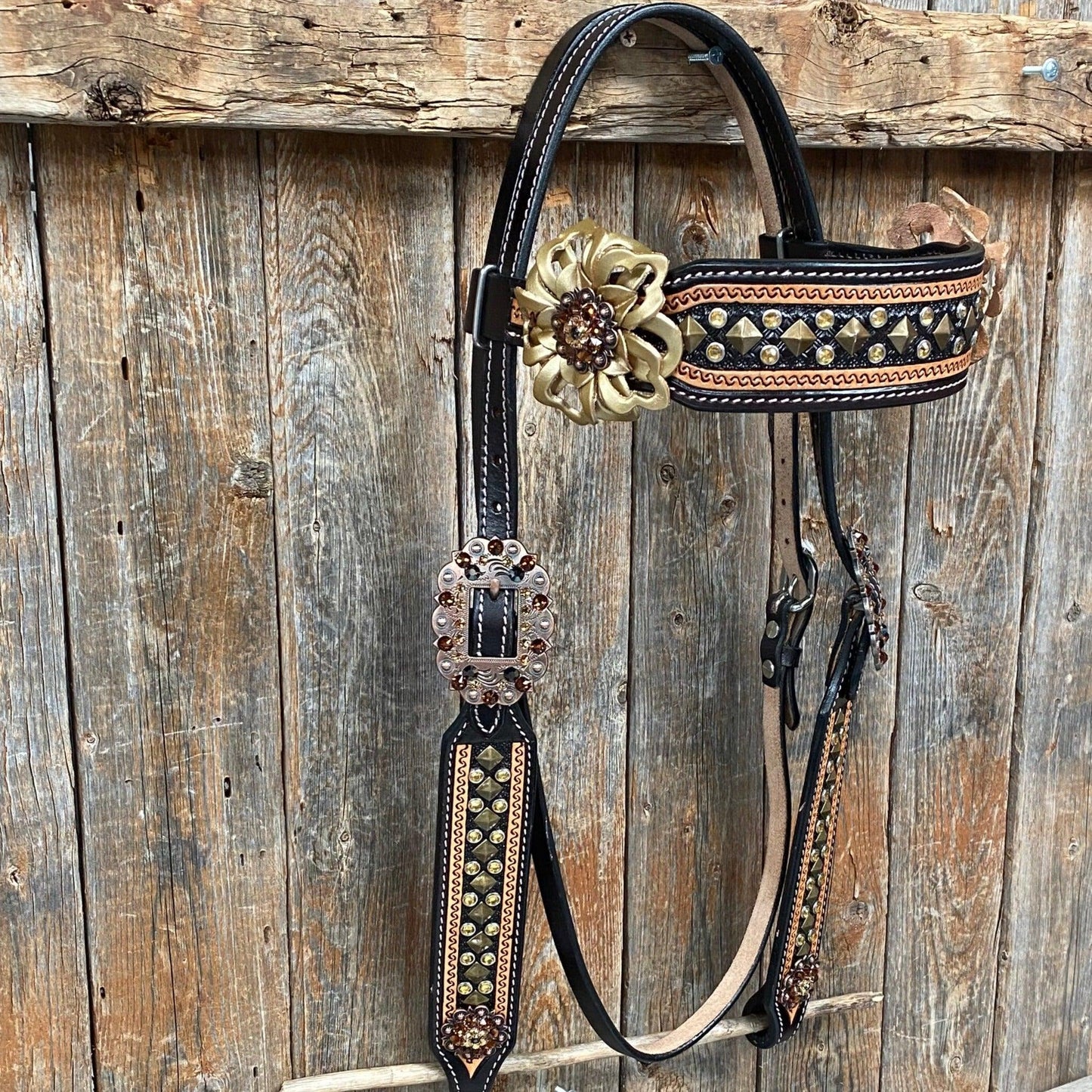 Two Tone Leather - Brass Studded Gold Browband / Breastcollar Tack Set #BBBC538