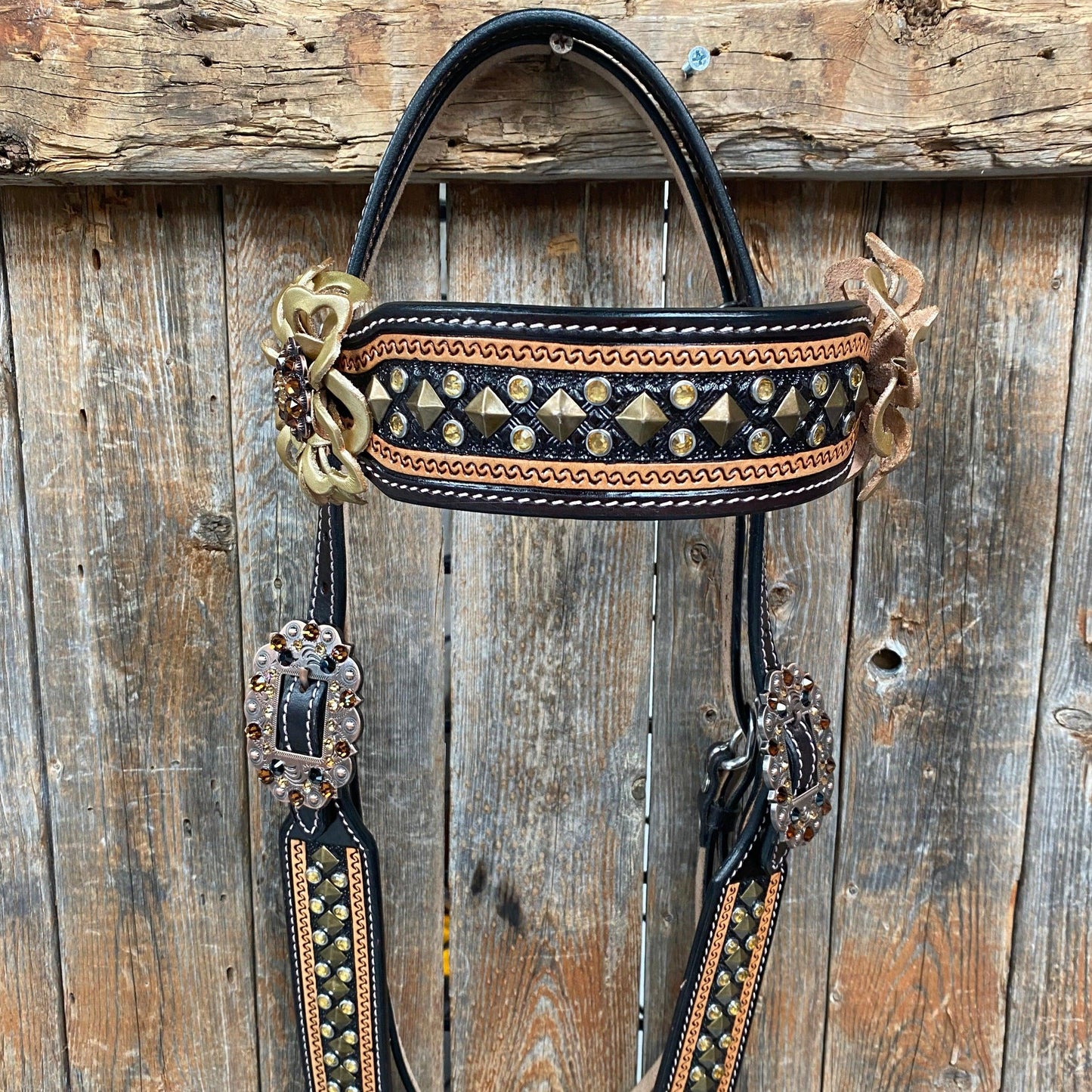 Two Tone Leather - Brass Studded Gold Browband / Breastcollar Tack Set #BBBC538