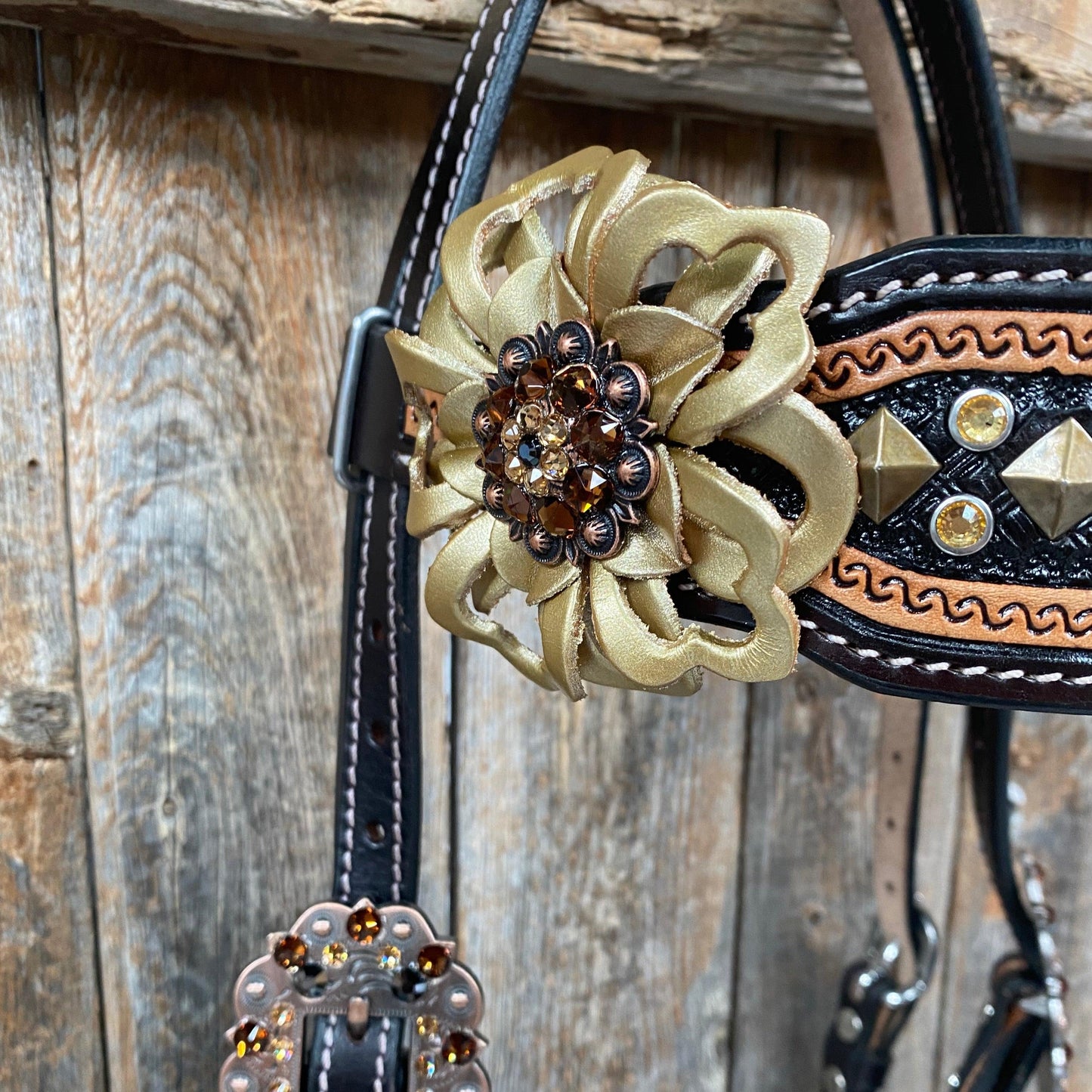 Two Tone Leather - Brass Studded Gold Browband / Breastcollar Tack Set #BBBC538