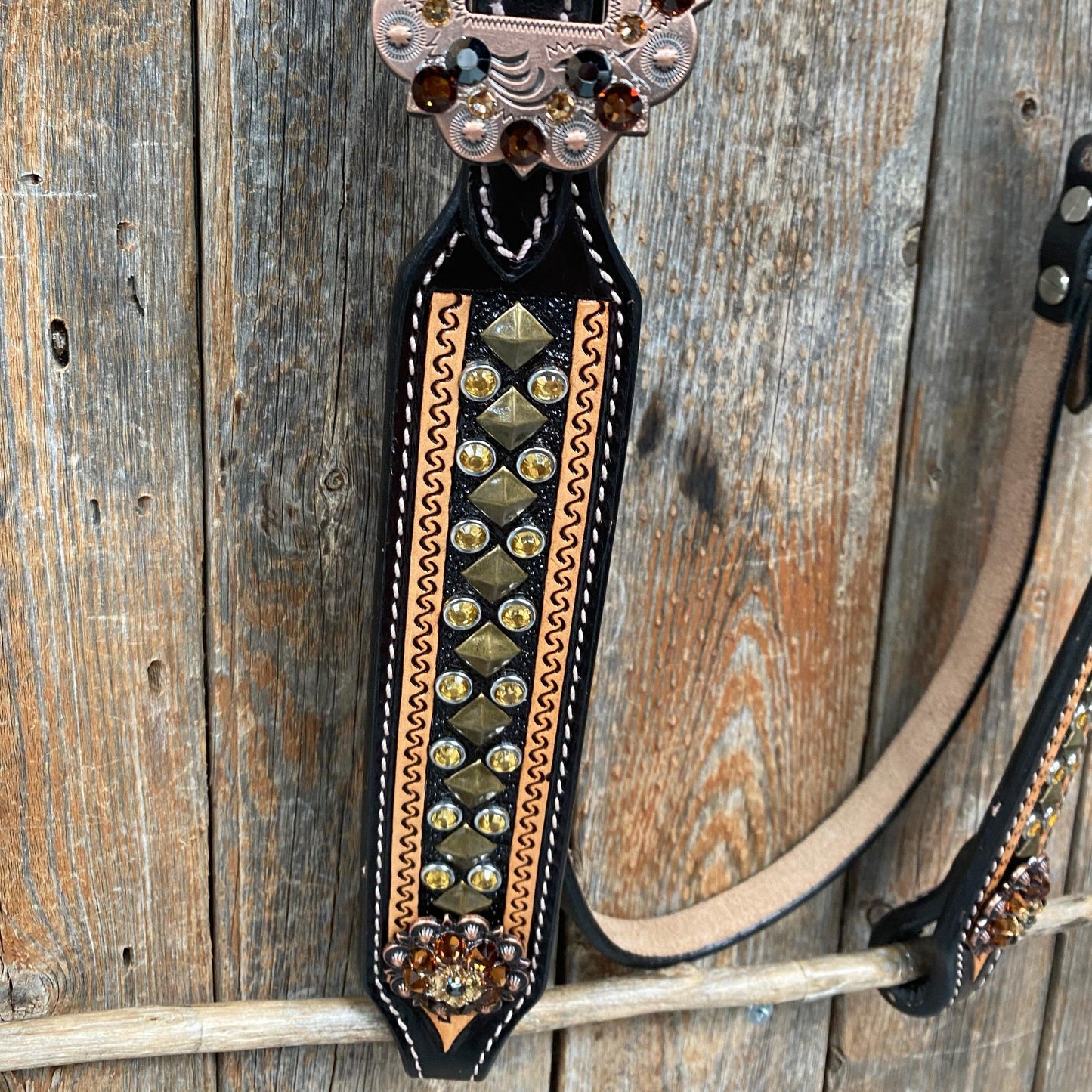 Two Tone Leather - Brass Studded Gold Browband / Breastcollar Tack Set #BBBC538