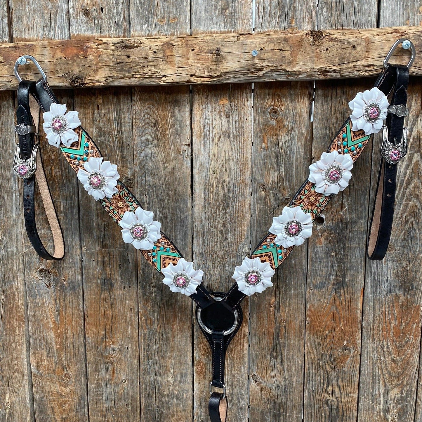 Two Tone Floral Pink and White Browband/ Breastcollar Tack Set #BBBC539