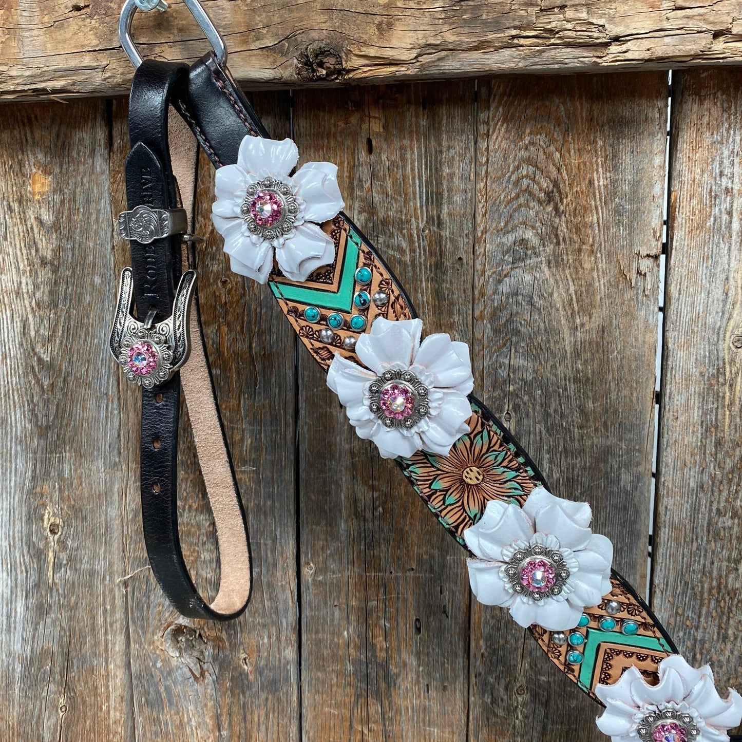 Two Tone Floral Pink and White Browband/ Breastcollar Tack Set #BBBC539