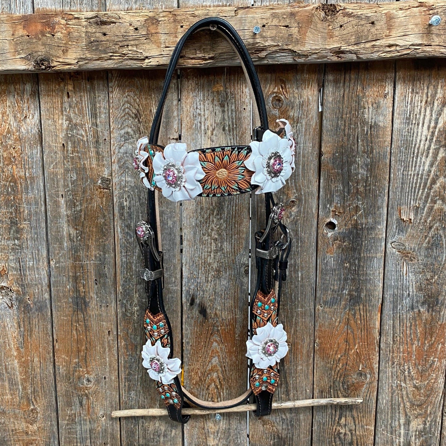 Two Tone Floral Pink and White Browband/ Breastcollar Tack Set #BBBC539