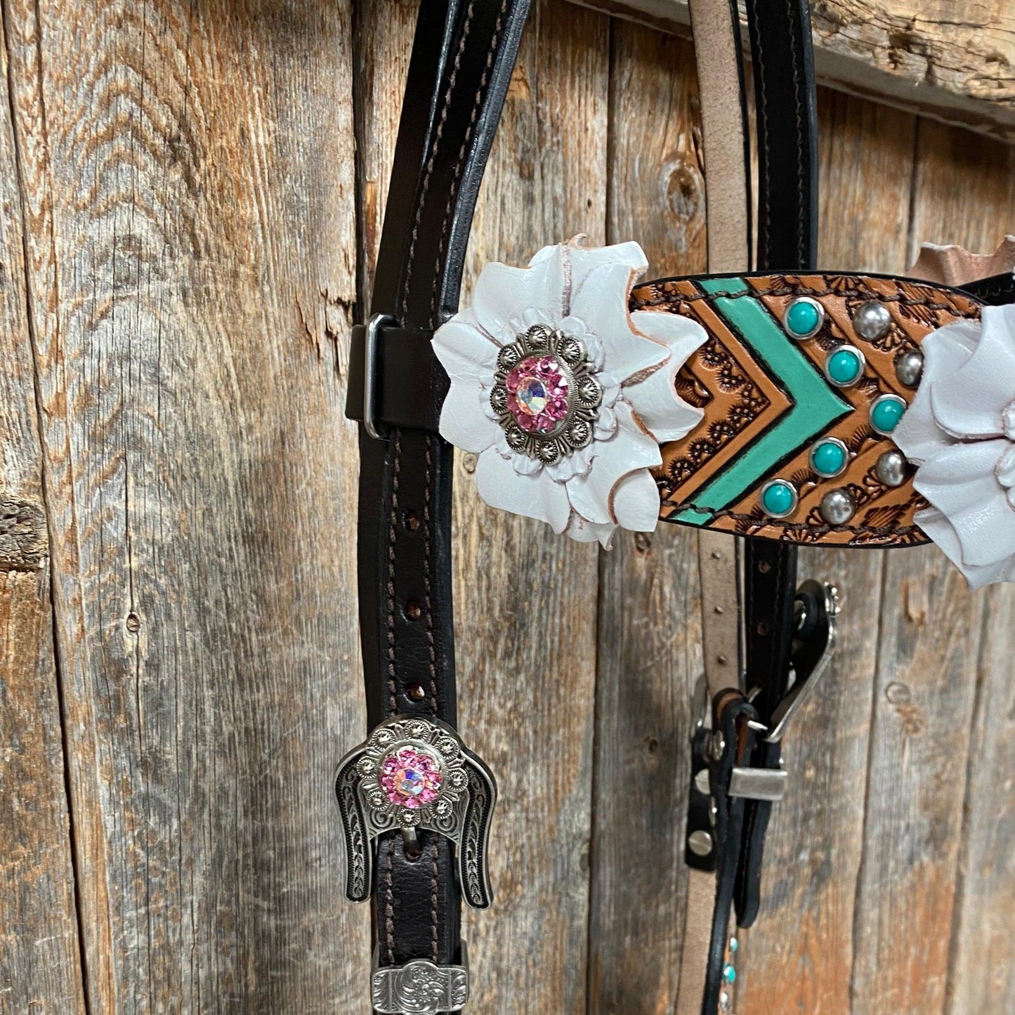Two Tone Floral Pink and White Browband/ Breastcollar Tack Set #BBBC539