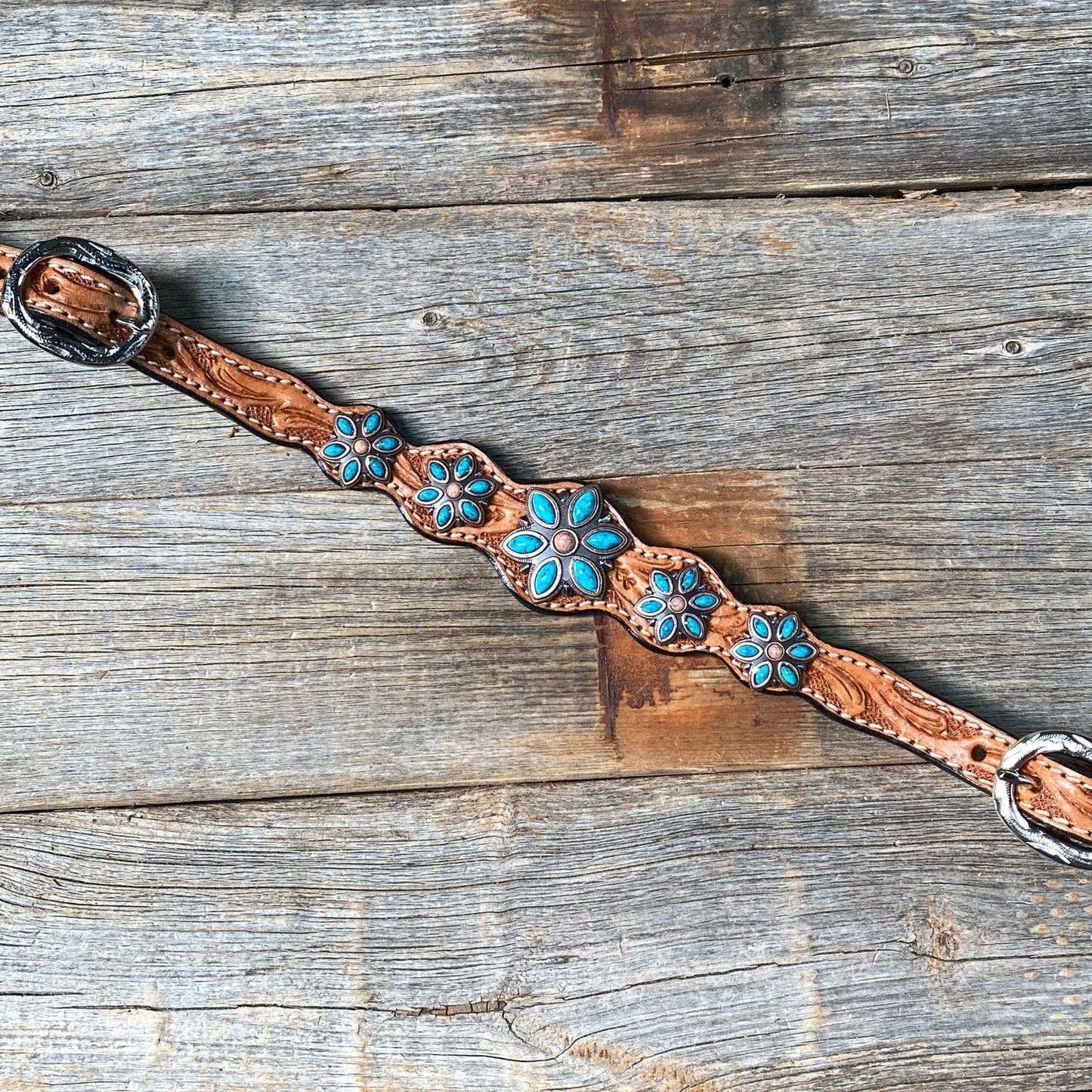 Light Floral Turquoise Browband/One Ear Tack Set with Wither Strap  #BBBC469