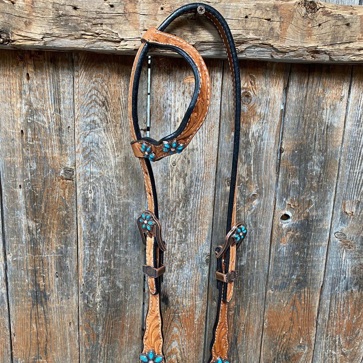 Light Floral Turquoise Browband/One Ear Tack Set with Wither Strap  #BBBC469