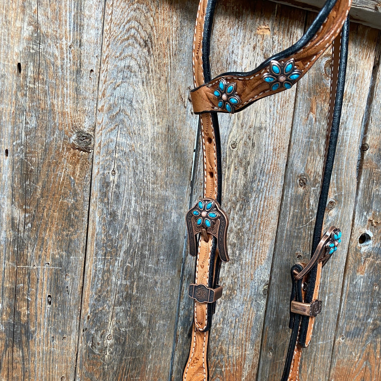 Light Floral Turquoise Browband/One Ear Tack Set with Wither Strap  #BBBC469