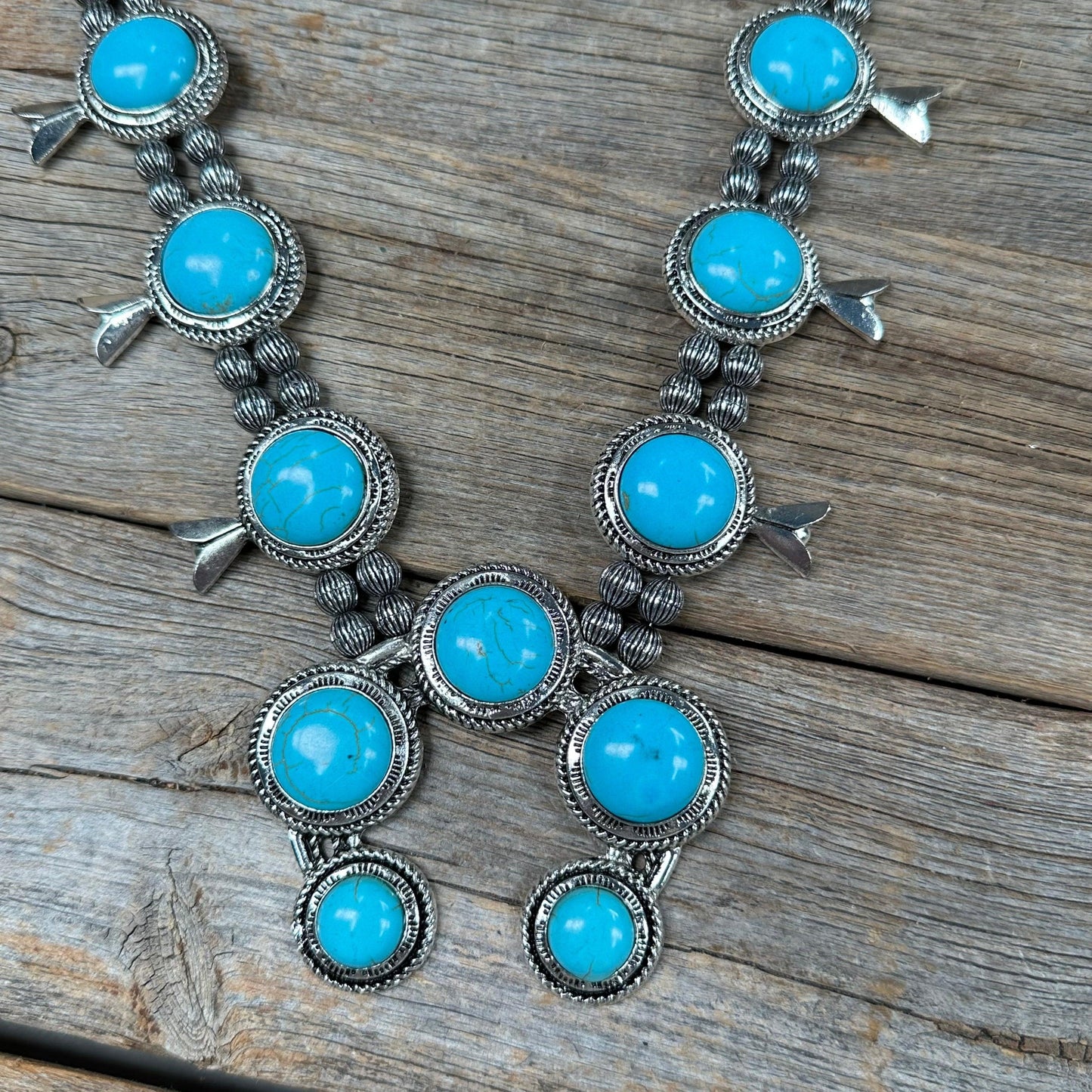 Chunky Turquoise Squash Blossom and Horseshoe Fashion Necklace WA214