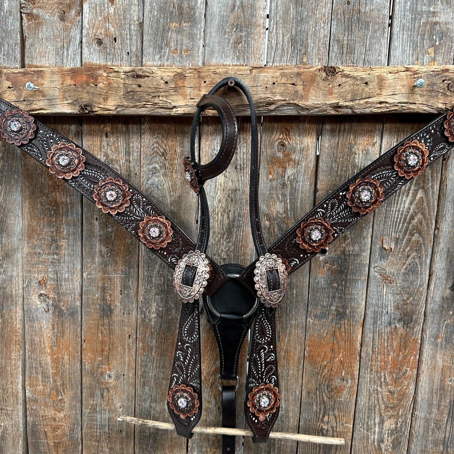 Hand Painted Paisley - Copper AB Rosette One Ear/ Breastcollar Tack Set #OEBC550