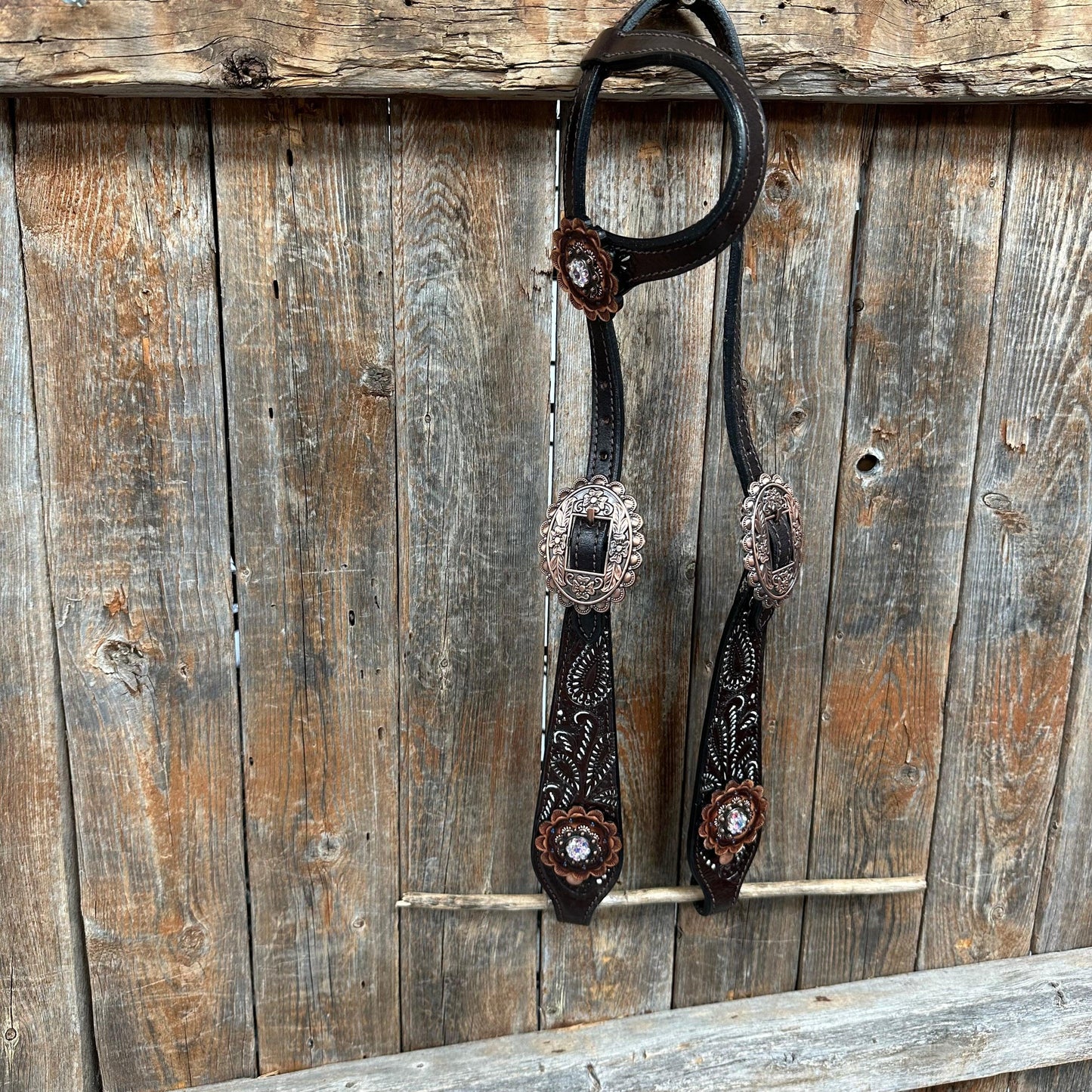 Hand Painted Paisley - Copper AB Rosette One Ear/ Breastcollar Tack Set #OEBC550