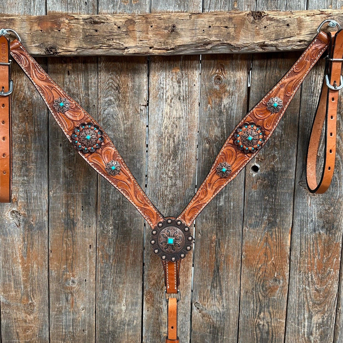 Light Oil V Brow Copper and Turquoise Browband & Breastcollar Tack Set #BBBC557
