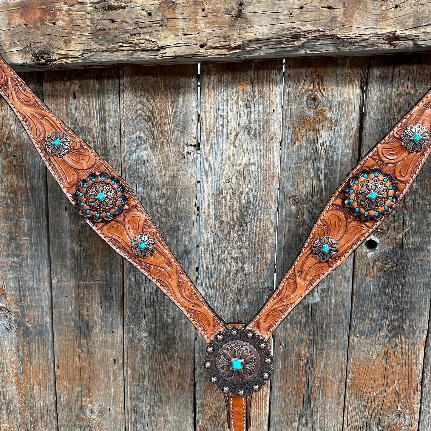 Light Oil V Brow Copper and Turquoise Browband & Breastcollar Tack Set #BBBC557