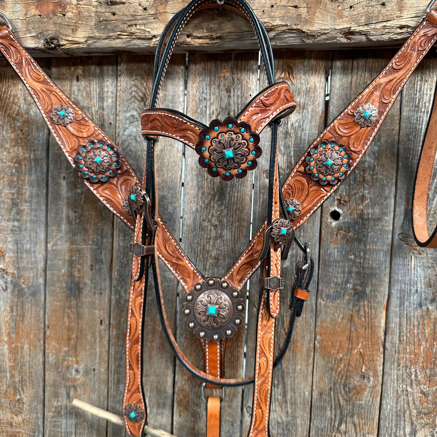 Light Oil V Brow Copper and Turquoise Browband & Breastcollar Tack Set #BBBC557