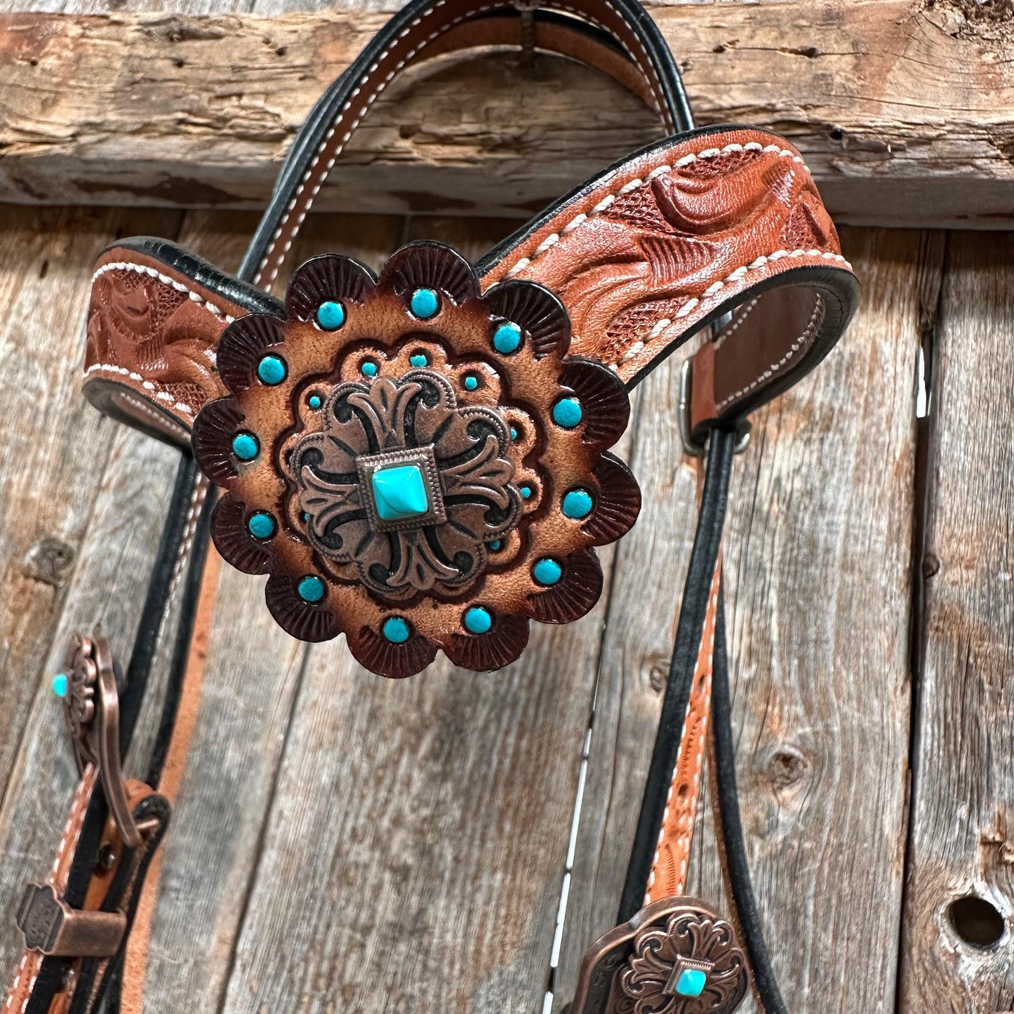 Light Oil V Brow Copper and Turquoise Browband & Breastcollar Tack Set #BBBC557