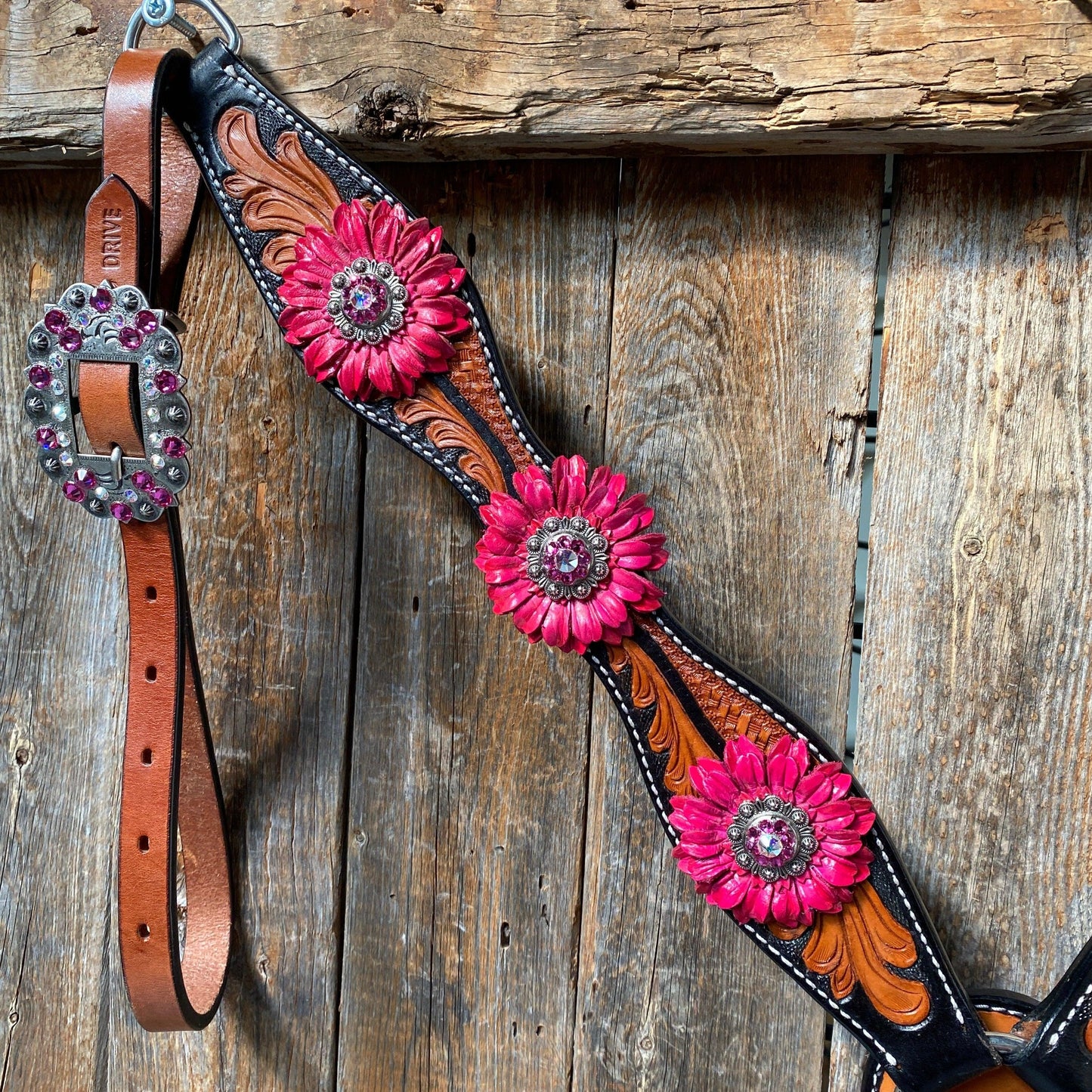 Leaf Scalloped Two Tone Pink Daisy One Ear Headstall / Bridle & Breastcollar Set #OEBC410