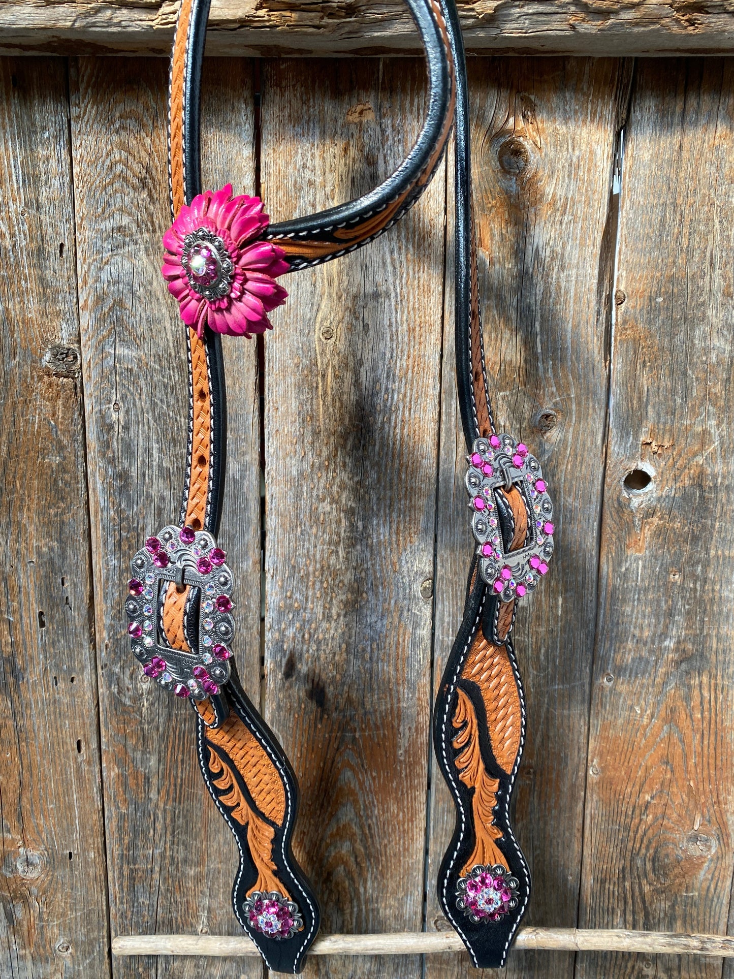 Leaf Scalloped Two Tone Pink Daisy One Ear Headstall / Bridle & Breastcollar Set #OEBC410