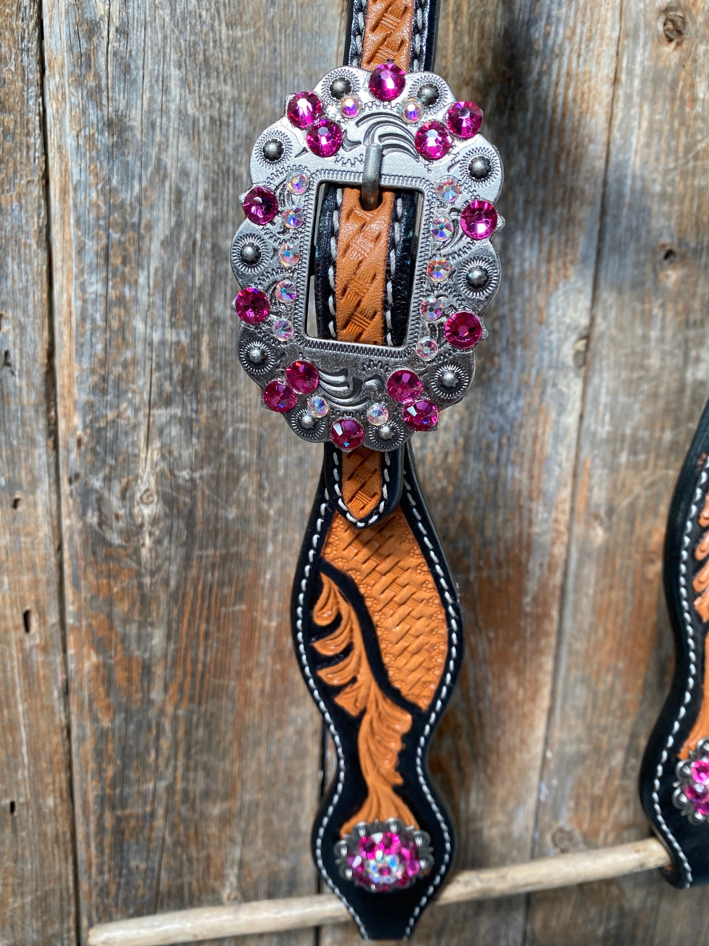 Leaf Scalloped Two Tone Pink Daisy One Ear Headstall / Bridle & Breastcollar Set #OEBC410