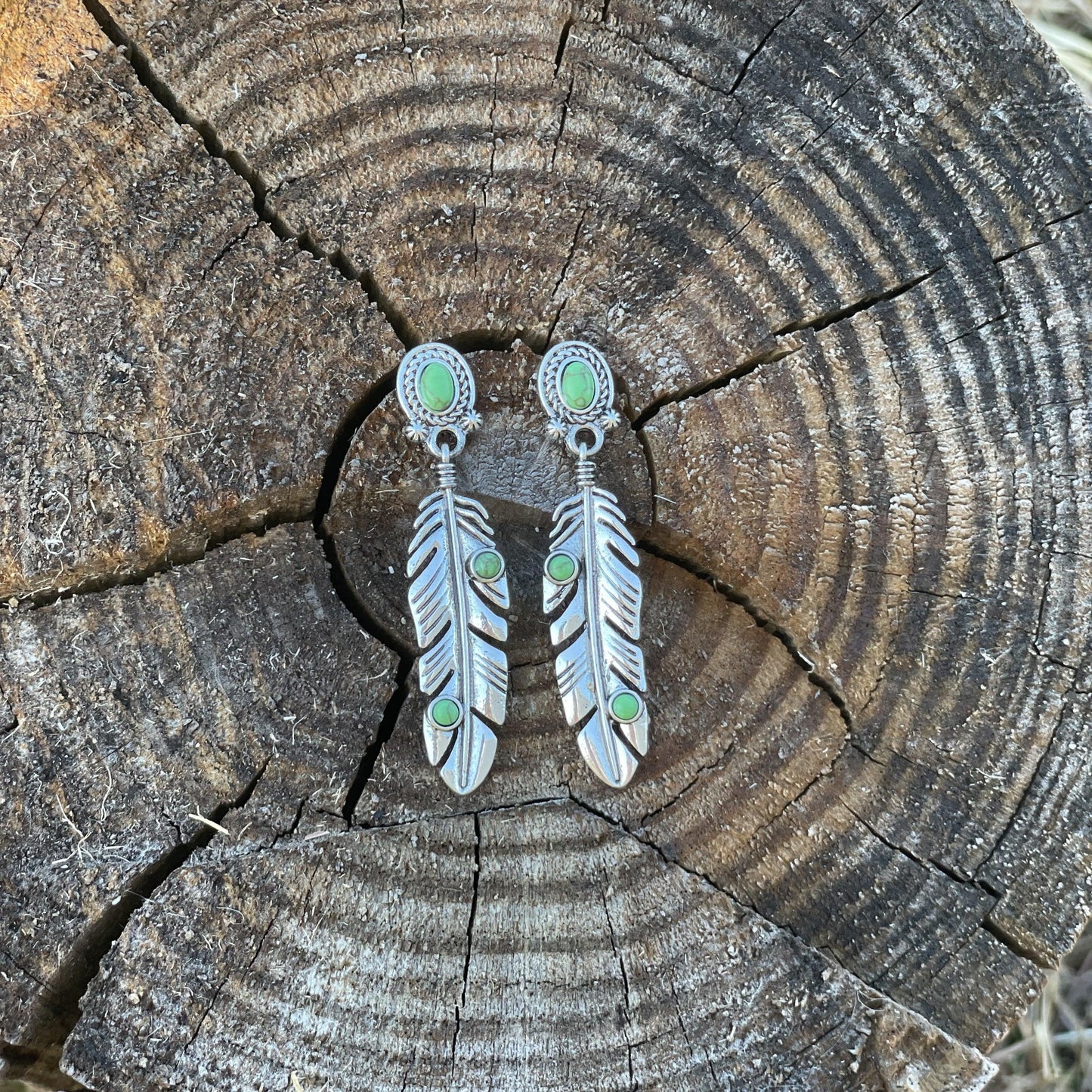 Green Feather Dangle Silver Fashion Earrings WA182