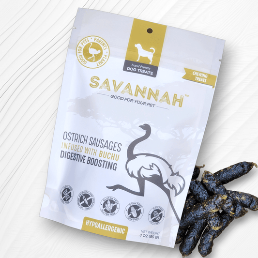 Ostrich Sausages with Buchu (3oz): The Delicious, Digestive-Supporting Treat for Dogs