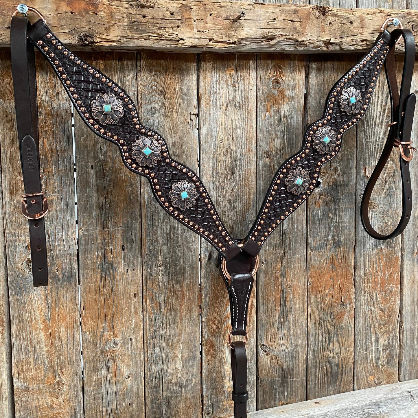 Copper Dot Honeycomb Turquoise  Browband / One Ear Tack Set #BBBC583