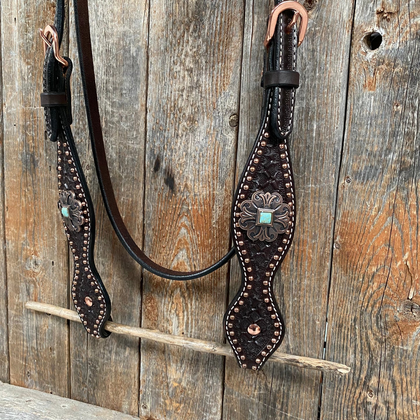 Copper Dot Honeycomb Turquoise  Browband / One Ear Tack Set #BBBC583