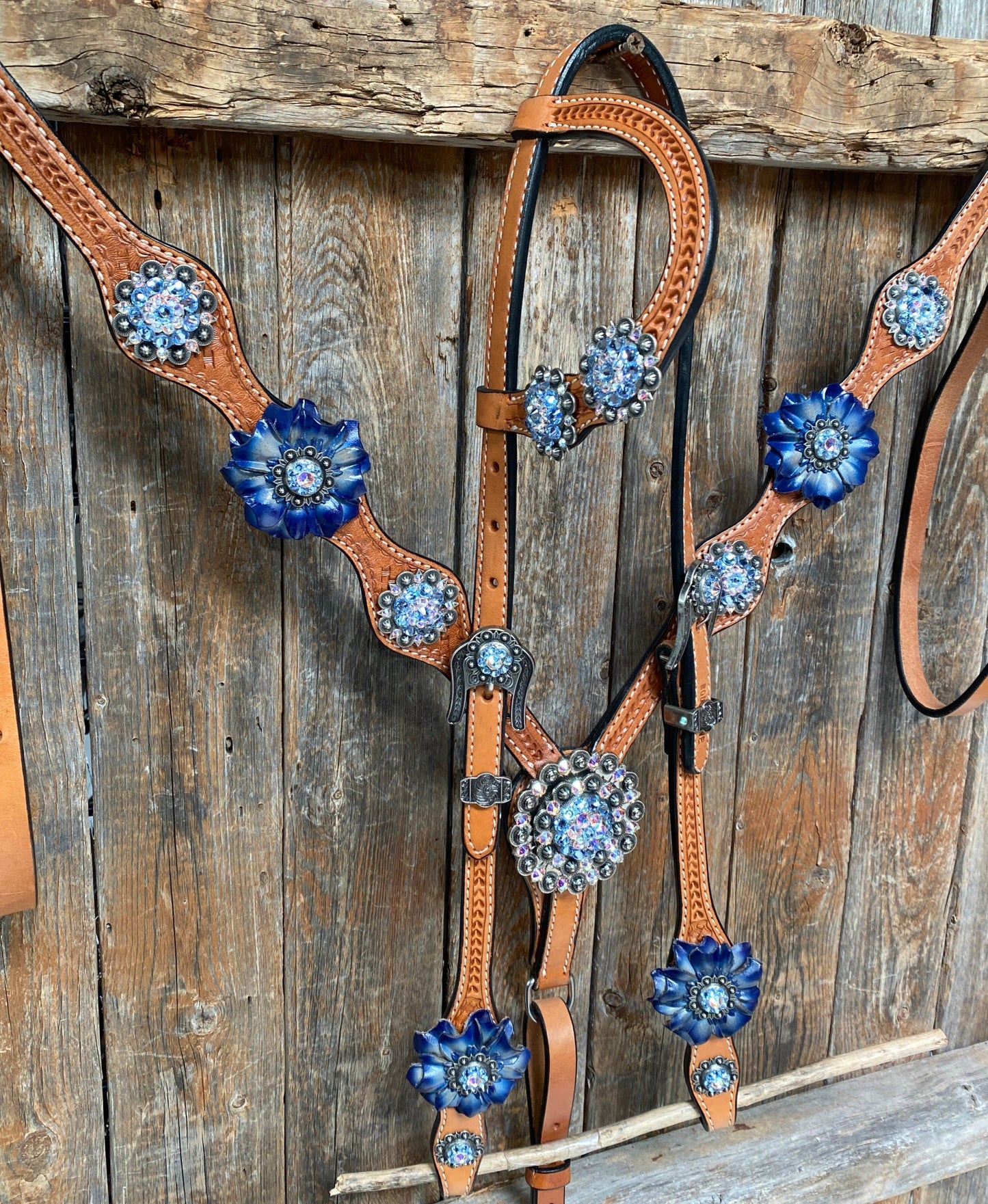 Light Oil Basketweave Blue Wither Strap, One Ear & Breastcollar Tack Set #OEBC438
