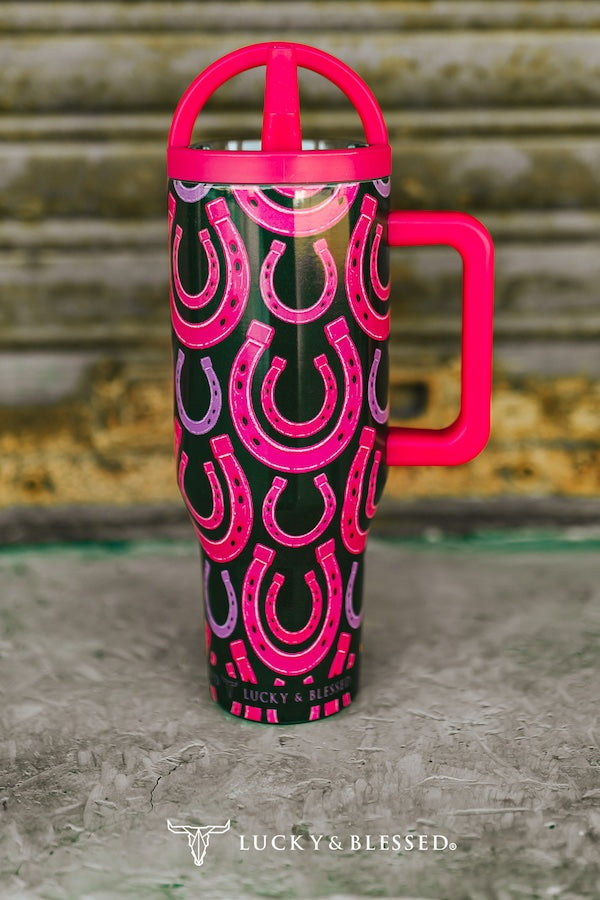 Lucky & Blessed Pink Horseshoe Printed Flip Straw Tumbler 40oz