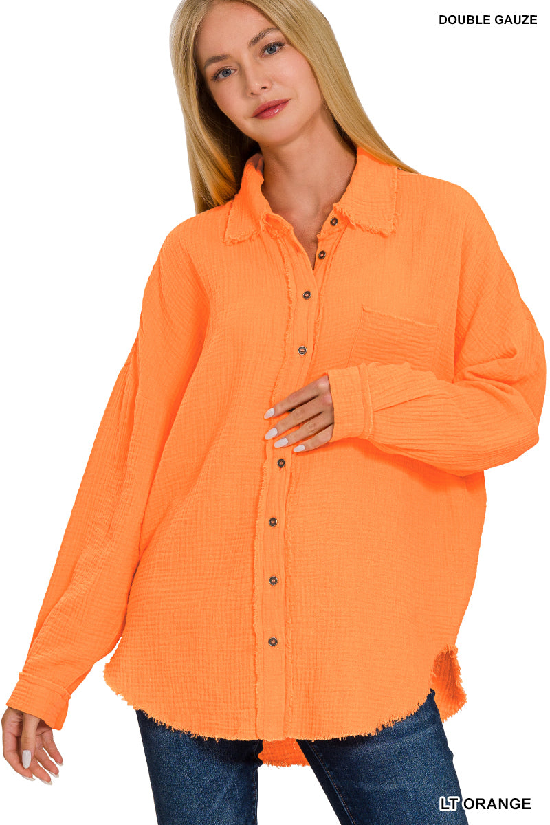 Light Orange - Button Down Linen Top