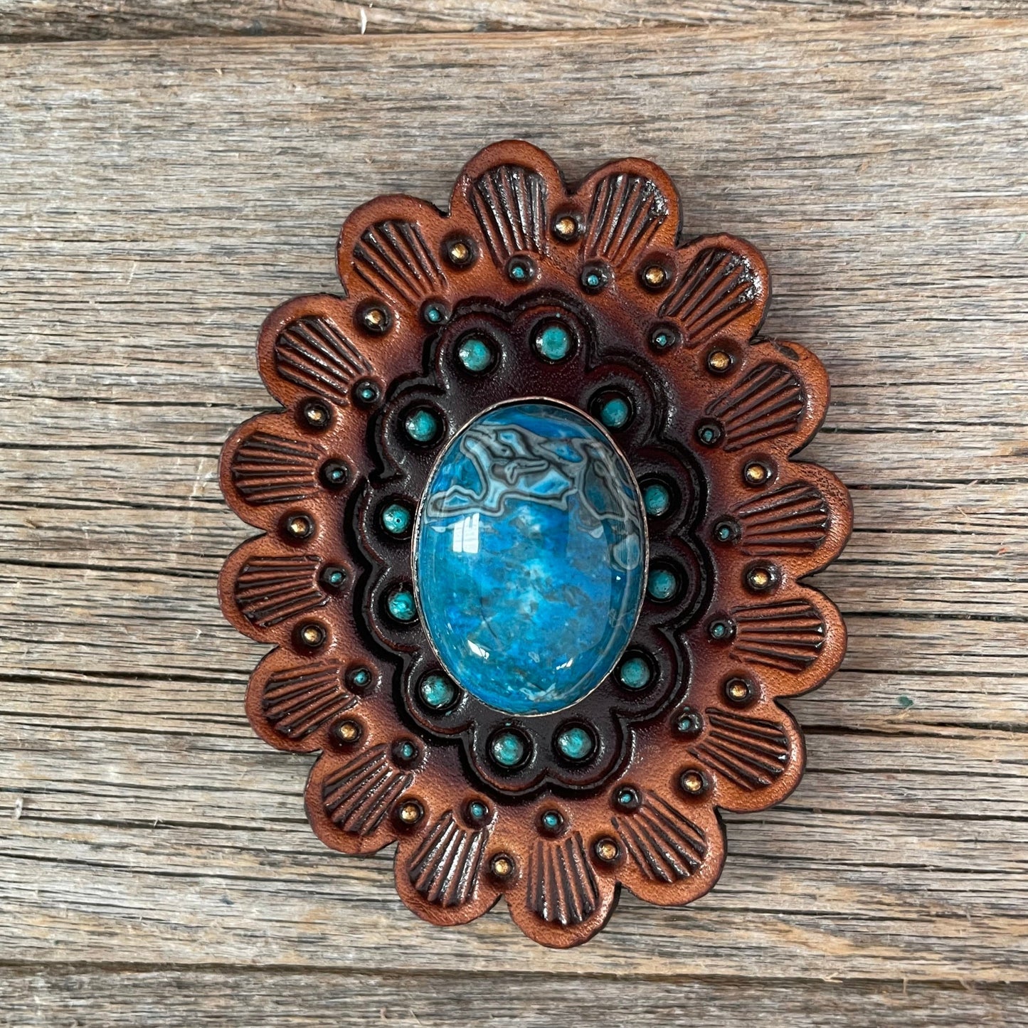Blue Cabochon Stone - Leather Rosette Options -