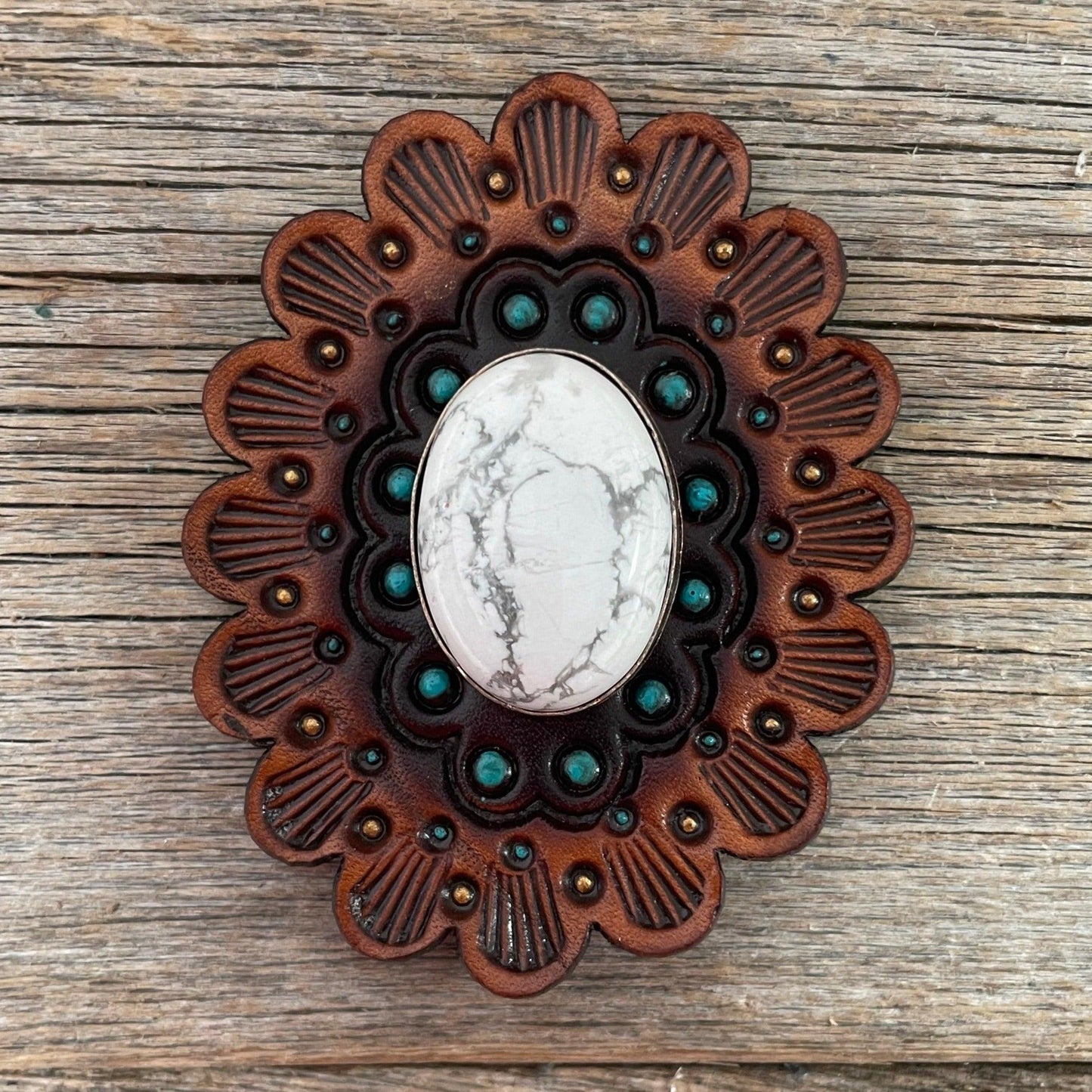 Leather Rosette Medium Oil Edges with White Cabochon Western Concho R107CABWT