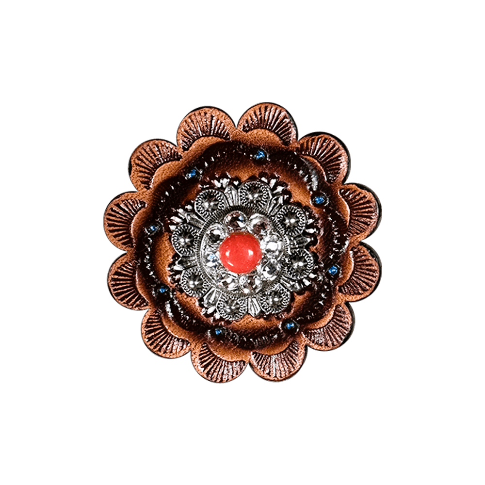 Coral & Clear Antique Silver 1" European Crystal Concho and Leather Rosette