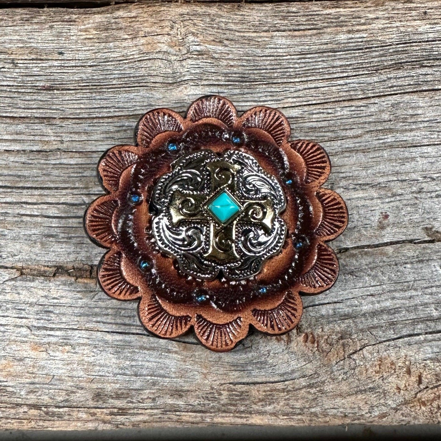 Leather Rosette with Antique Silver and Gold Cross Western Concho R111W189S