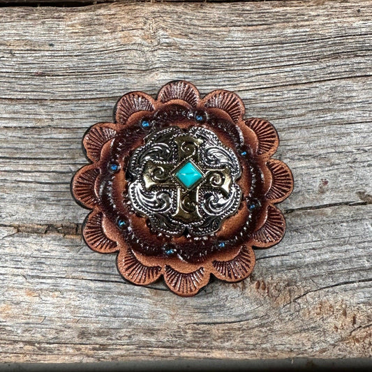 Leather Rosette with Antique Silver and Gold Cross Western Concho R111W189S